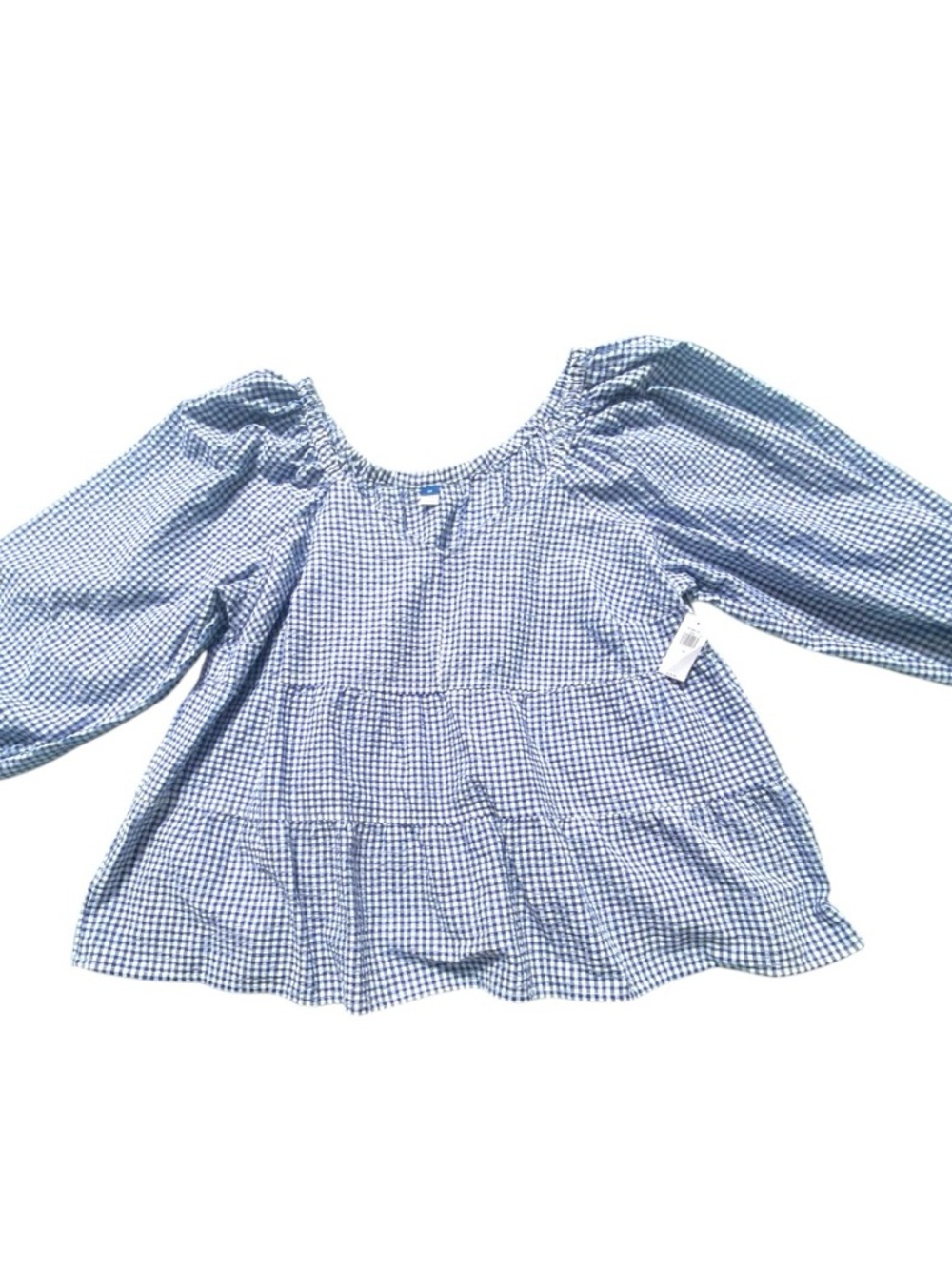 Old Navy NWT Seersucker Tiered Blue and White Gingham Puffy Sleeve Blouse